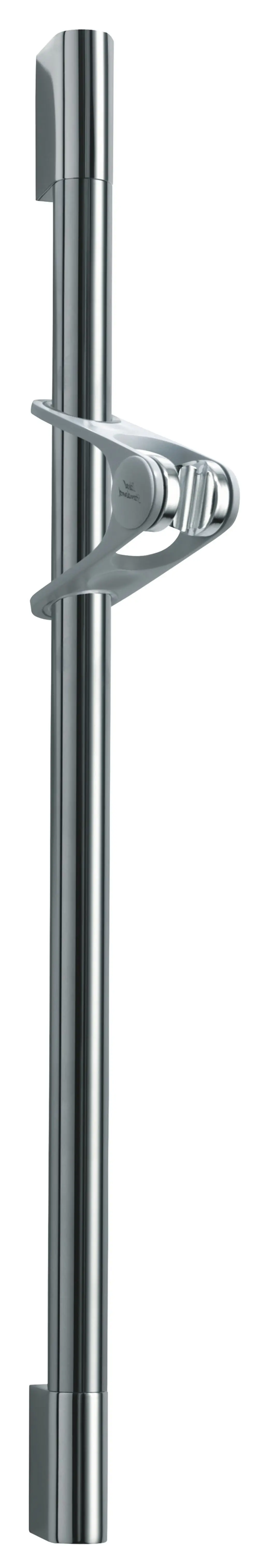 Helle, verchromte Brausestange von Ideal Standard, vertikal montiert, mit einer Halterung zur Einstellung der Duschhöhe und einem schlanken, minimalistischen Design.